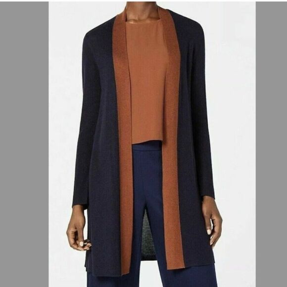 New Eileen fisher midnight blue brown silk tencel long open cardigan - Picture 1 of 8
